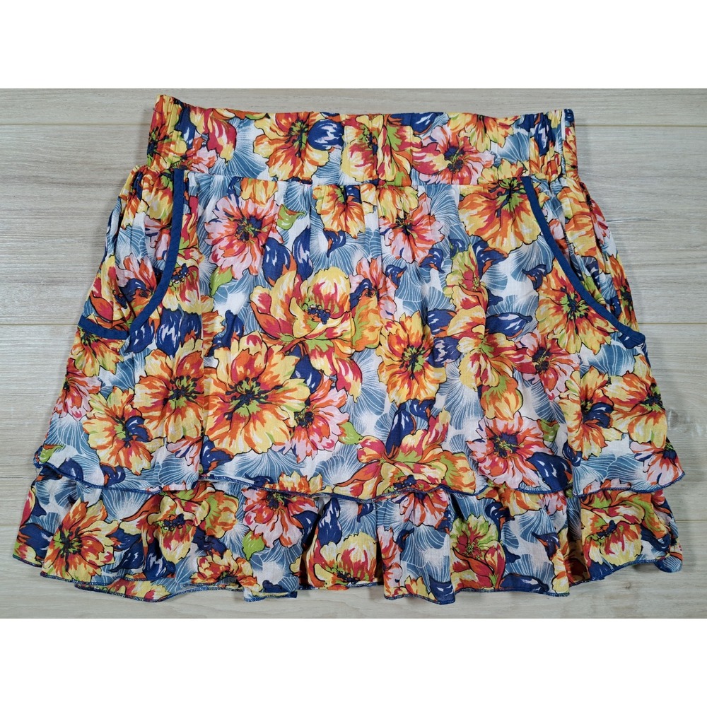 Xhilaration Floral Mini Skirt Womens L Orange Blue Cotton Tiered Ruffle Pockets